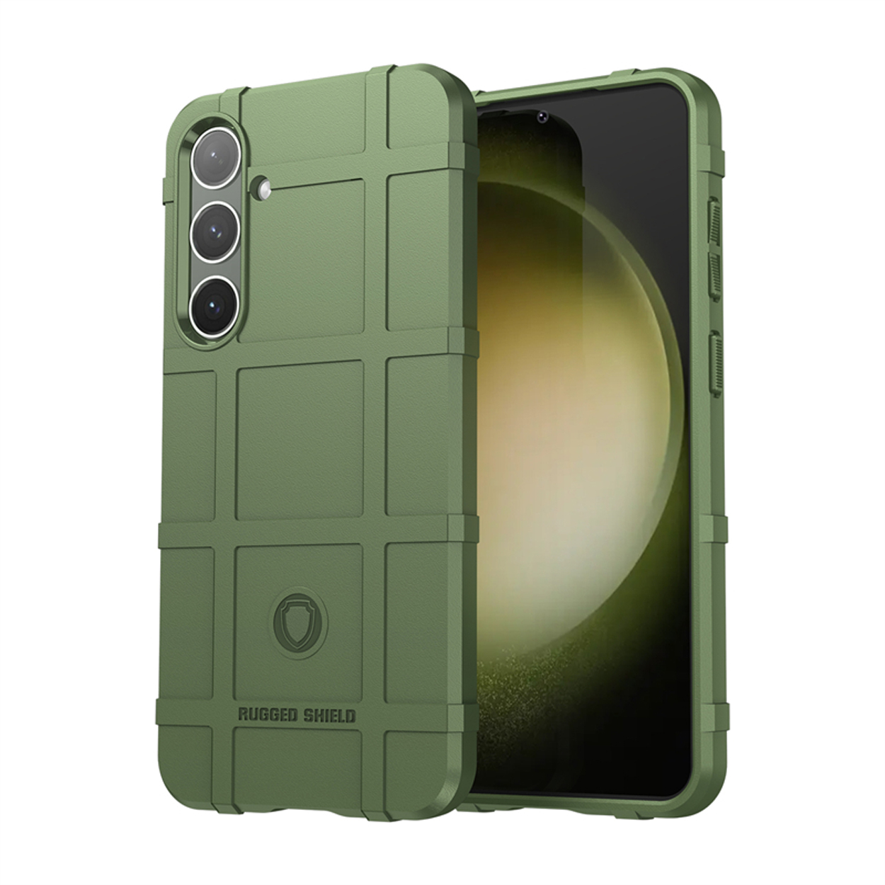 Groene telefoonhoes met een telefoon erin. De hoes heeft een patroon van een raster.