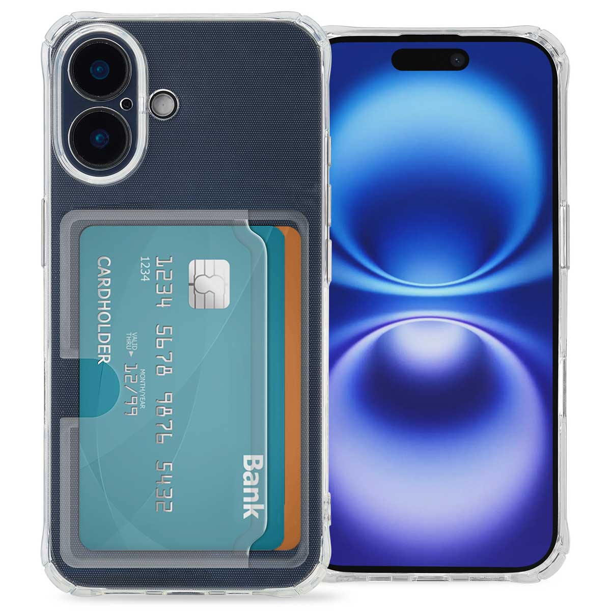 Coque de téléphone avec porte-cartes. Le téléphone a un fond bleu. Les cartes sont orange et vertes.