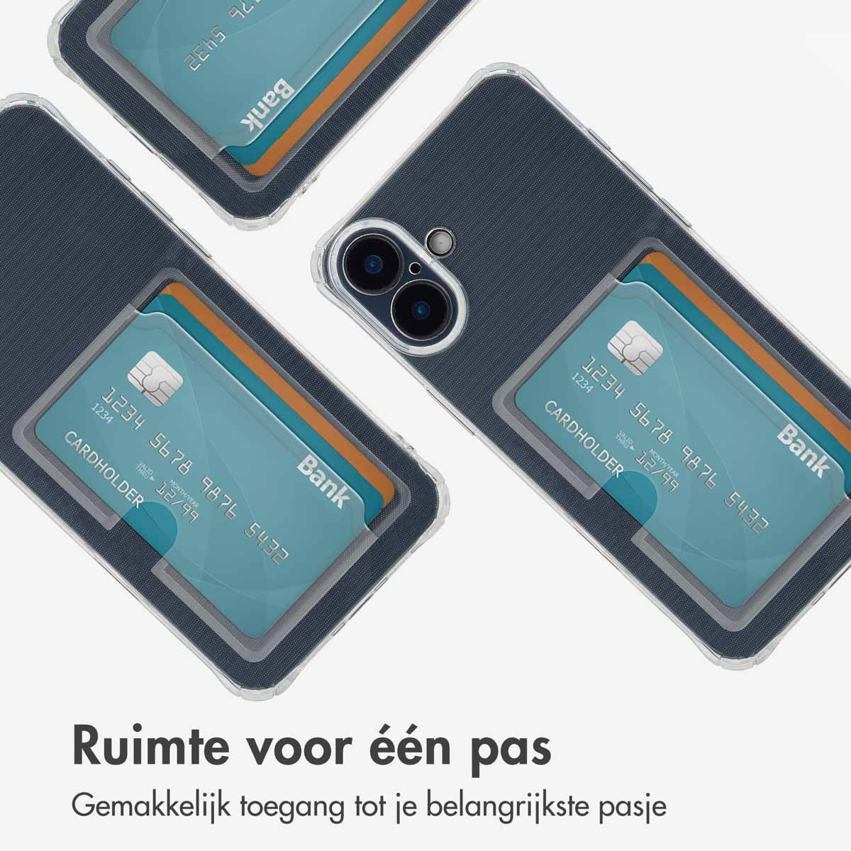 Trois étuis de téléphone avec cartes de crédit. Texte néerlandais: 'Espace pour une carte'.