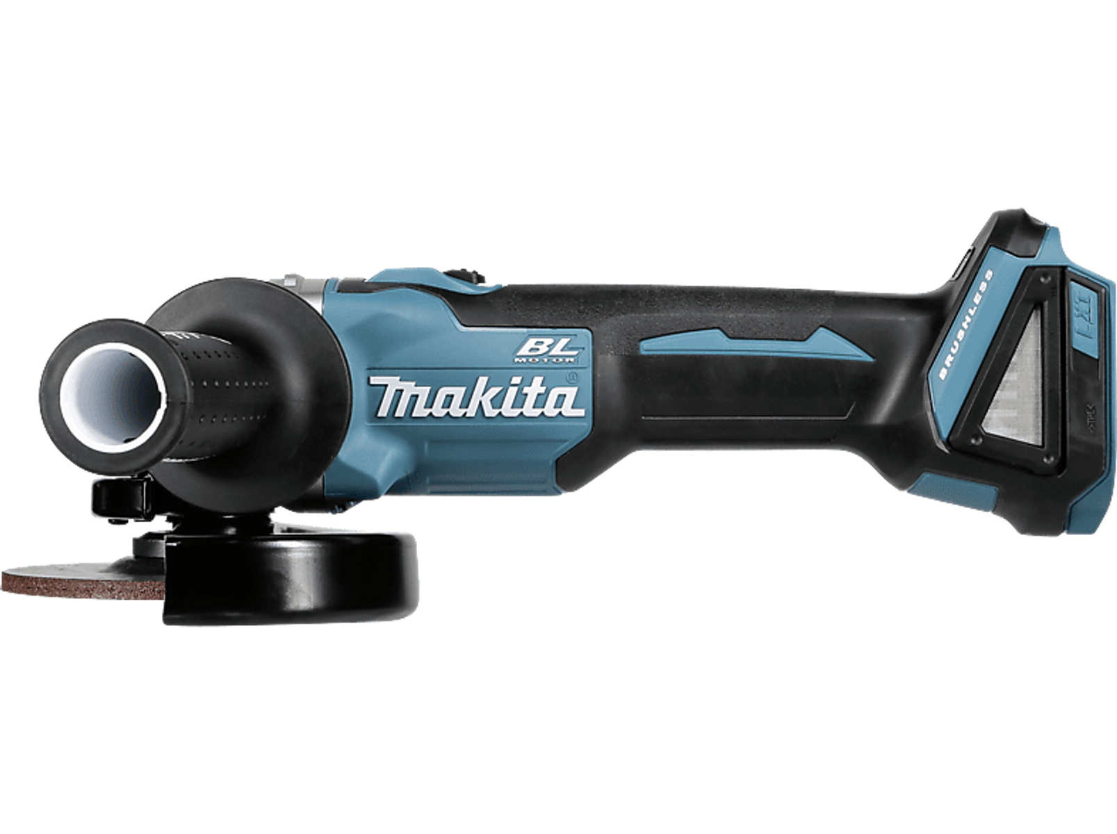 Ein teal-farbener und schwarzer Makita Winkelschleifer. Er hat einen schwarzen Griff und eine Schleifscheibe.
