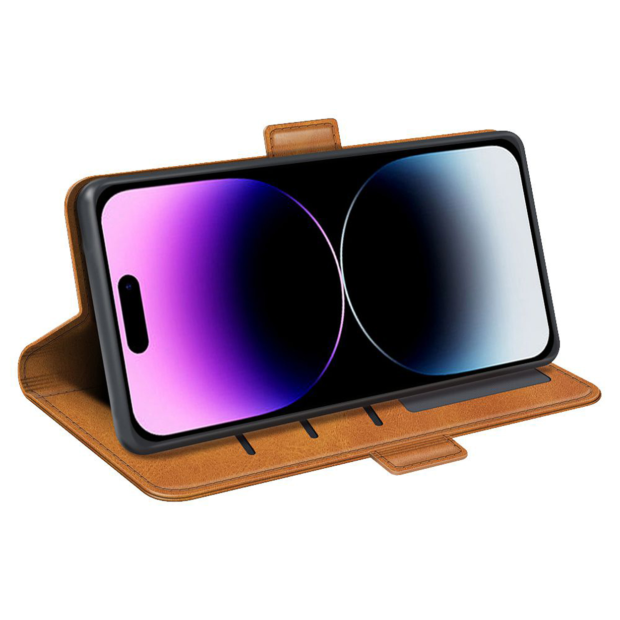 Étui de téléphone beige ouvert. Téléphone affiche écran violet et bleu. L'étui a une fermeture magnétique.