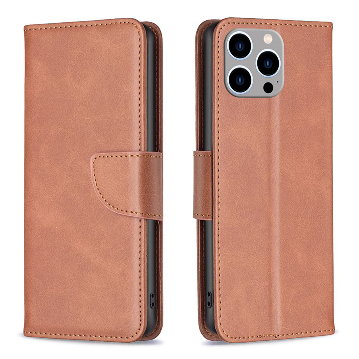 Bruine leren telefoonhoes, open en dicht, met camera en hoesdetails.