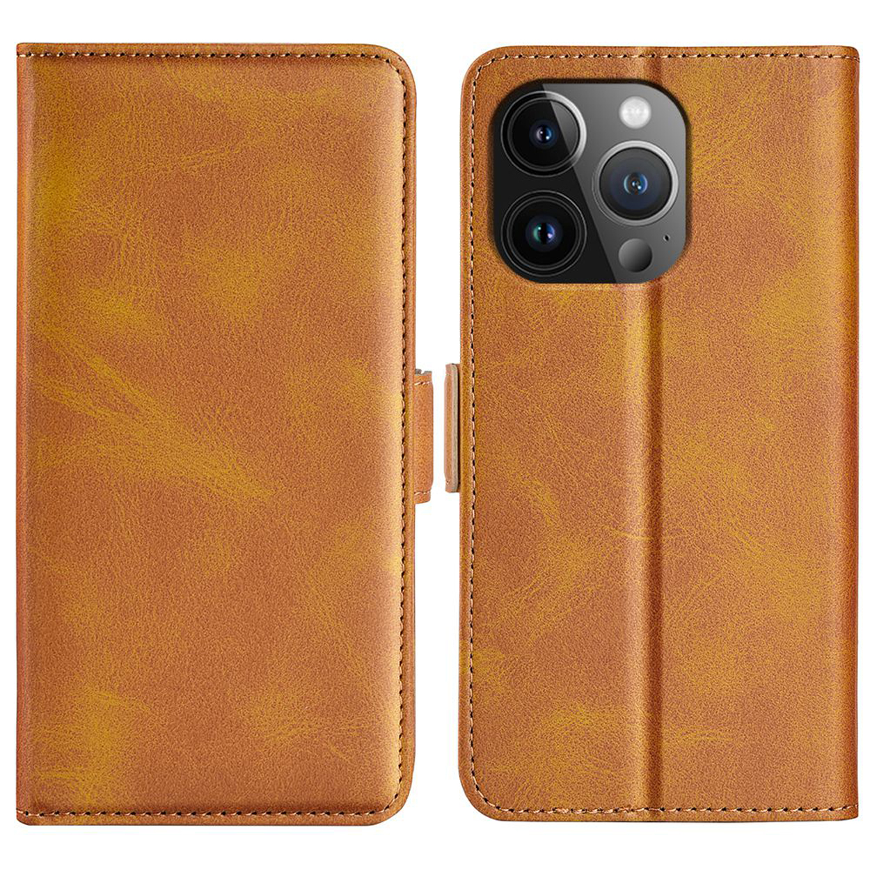 Étui de téléphone en cuir marron clair. Fermé à gauche et ouvert à droite, montrant le téléphone.