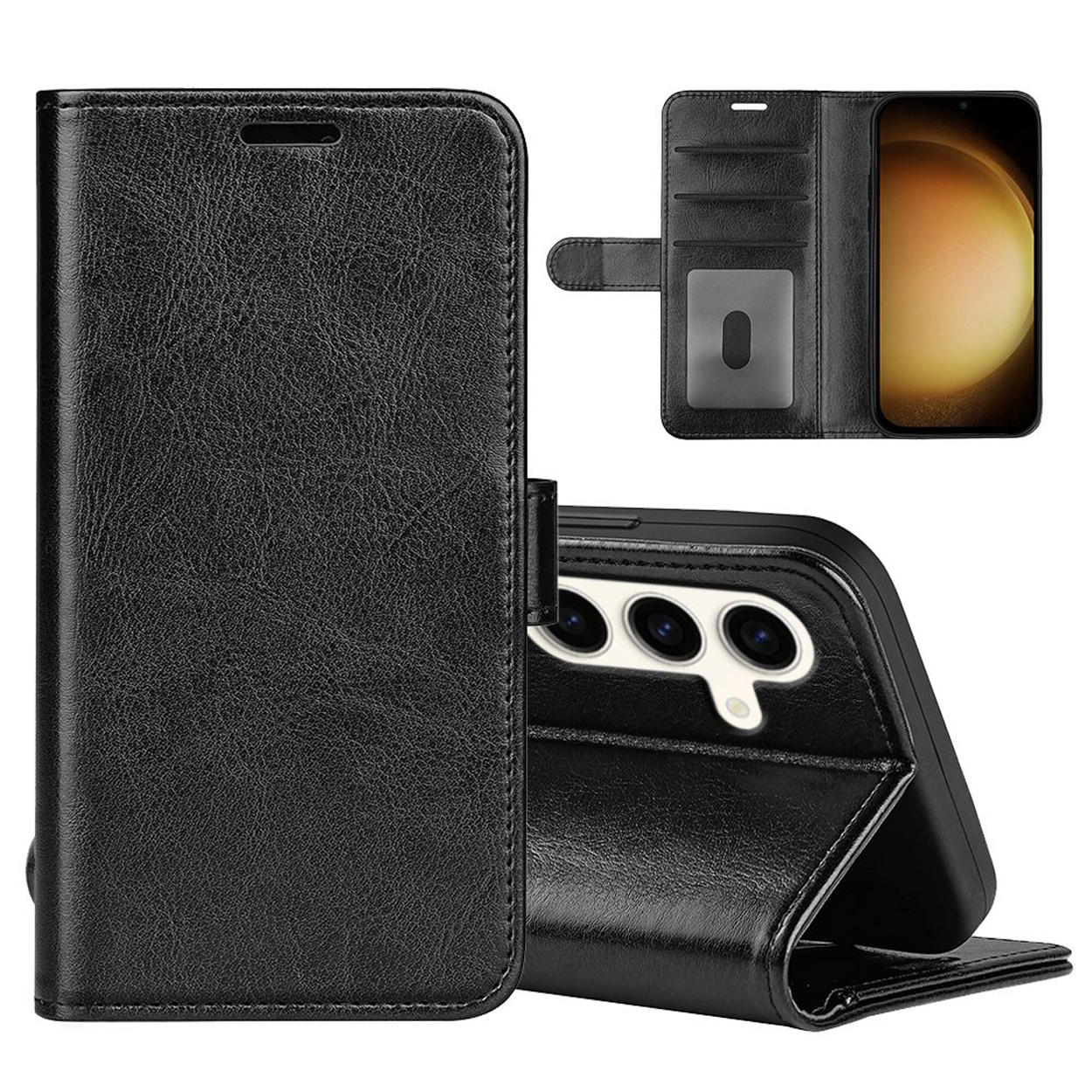 Zwart lederen telefoonhoesje, gesloten en open. Telefoonscherm zichtbaar, met camera-uitsparingen.