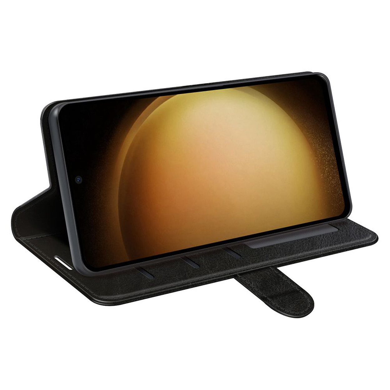 Open zwarte telefoonhoes met een telefoon erin. Het telefoonscherm toont een geel en wit ontwerp.