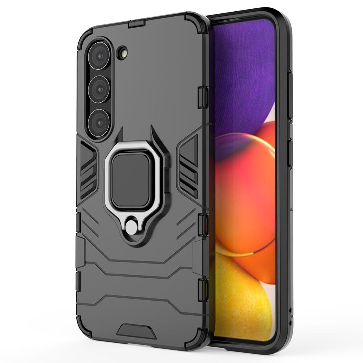 Coque de téléphone noire avec un anneau et un téléphone. Le téléphone est en place.