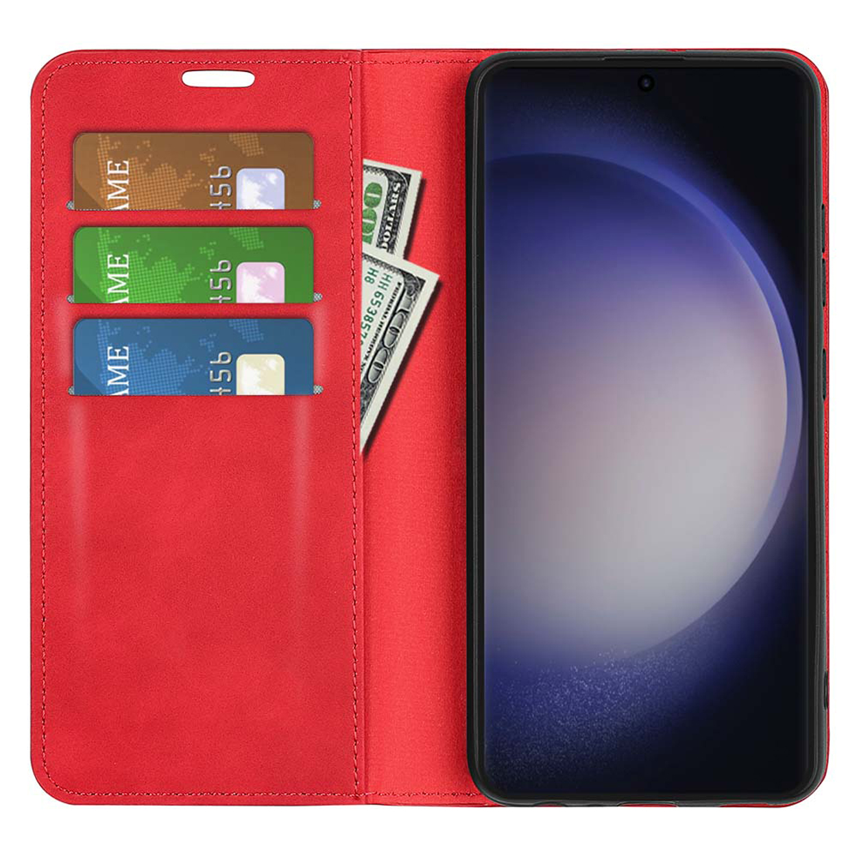 Een rode telefoonhoes open, met kaartsleuven en geld, en een telefoon in het midden.