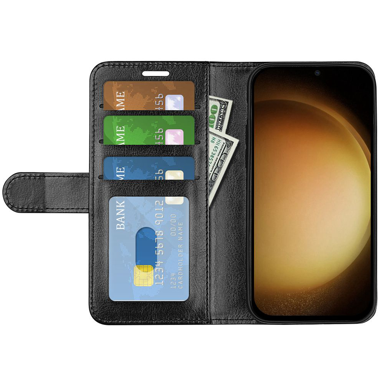 Zwarte telefoonhoes met telefoon, kaarten en geld erin. Witte achtergrond.