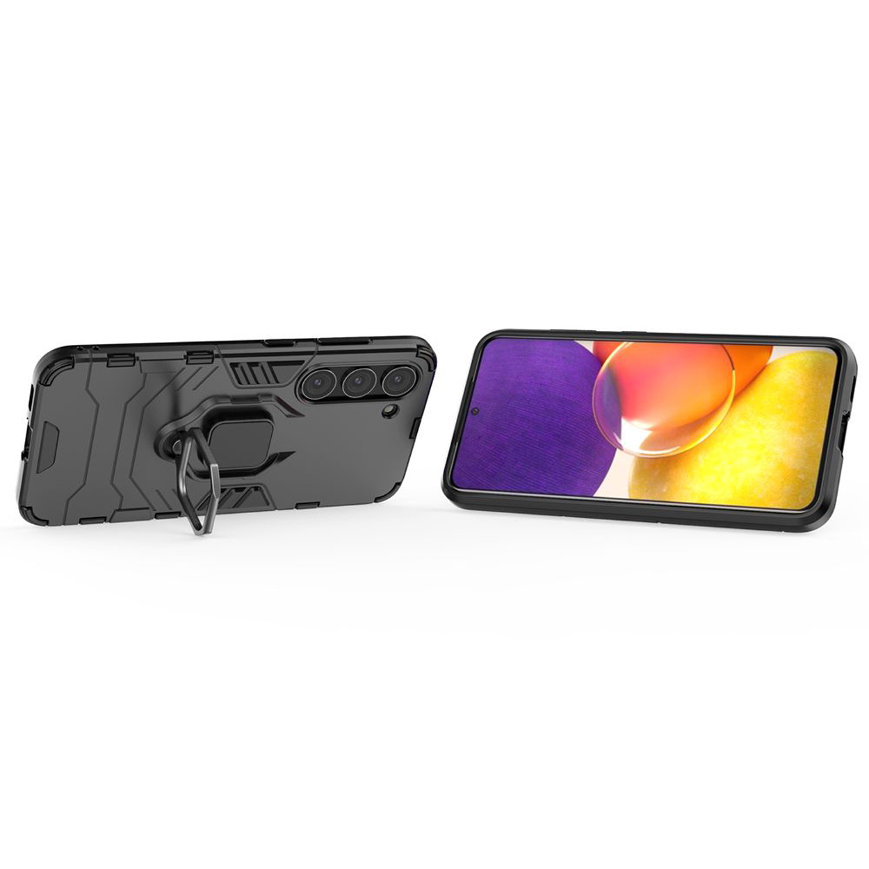 Coque de téléphone noire avec support d'anneau. Fond blanc.