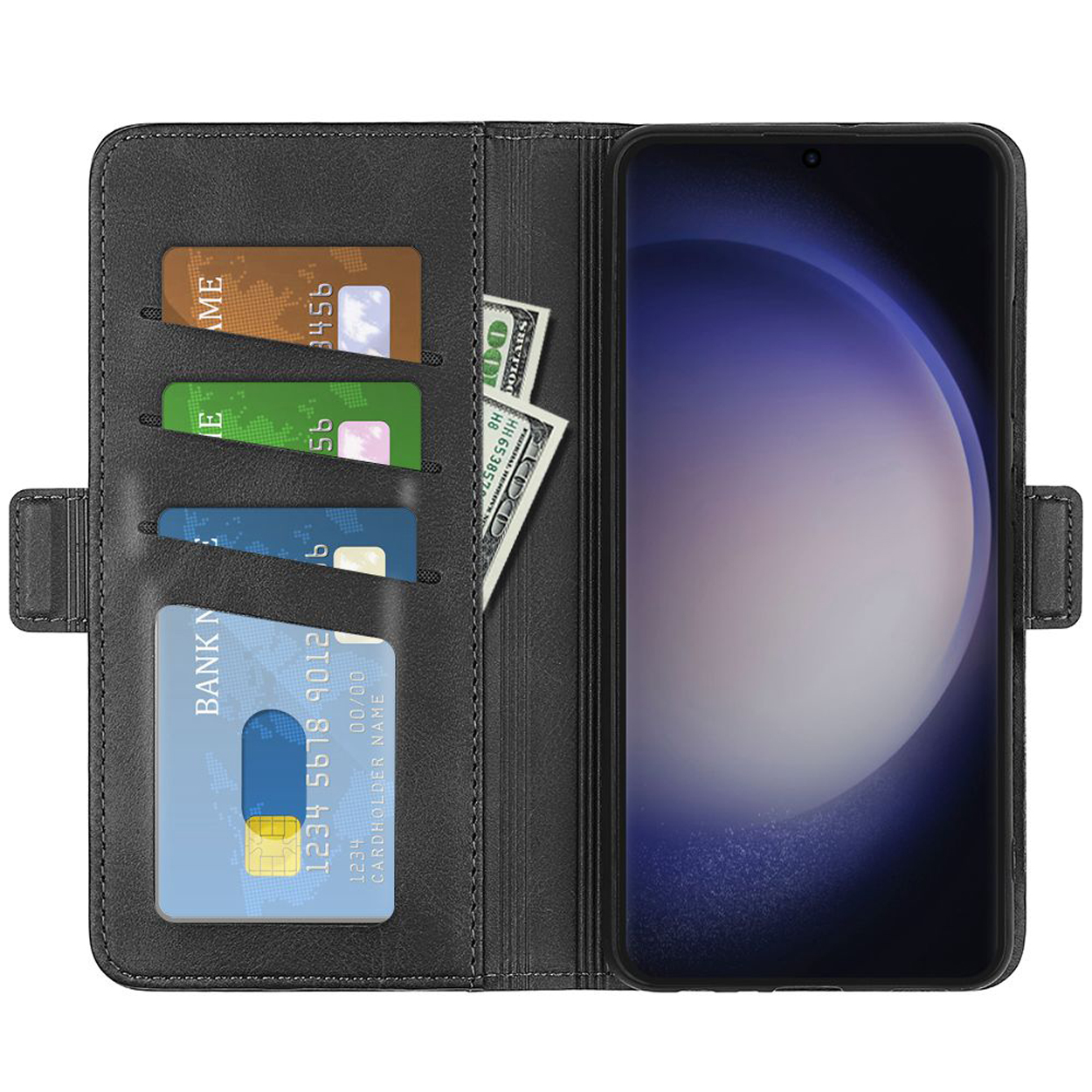 Zwarte telefoonhoes open, met een telefoon, kaartsleuven en contant geld.
