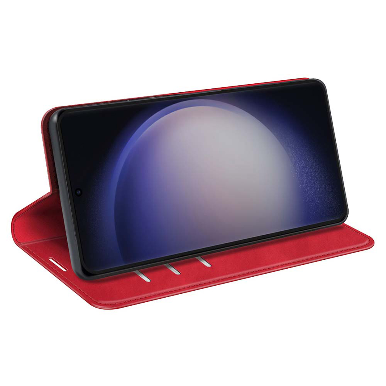 Rode telefoonhoes met een telefoon die een scherm toont, schuin om het scherm van de telefoon weer te geven.