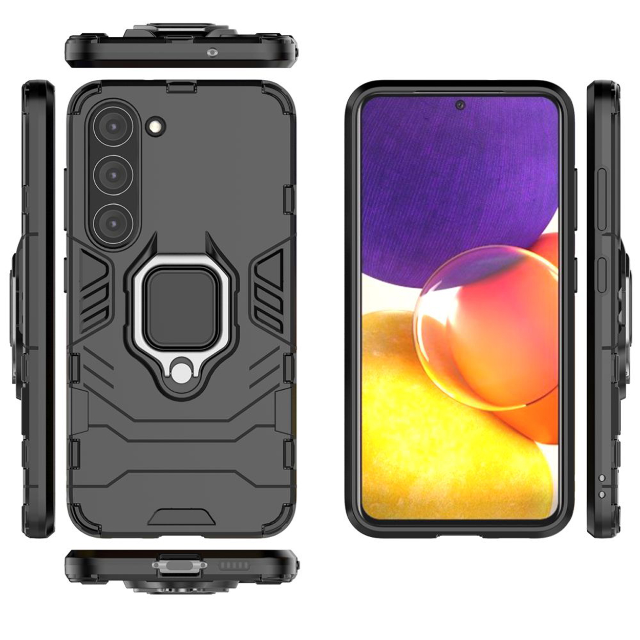 Plusieurs vues d'un étui de téléphone noir avec un anneau. Le téléphone est dans l'étui.