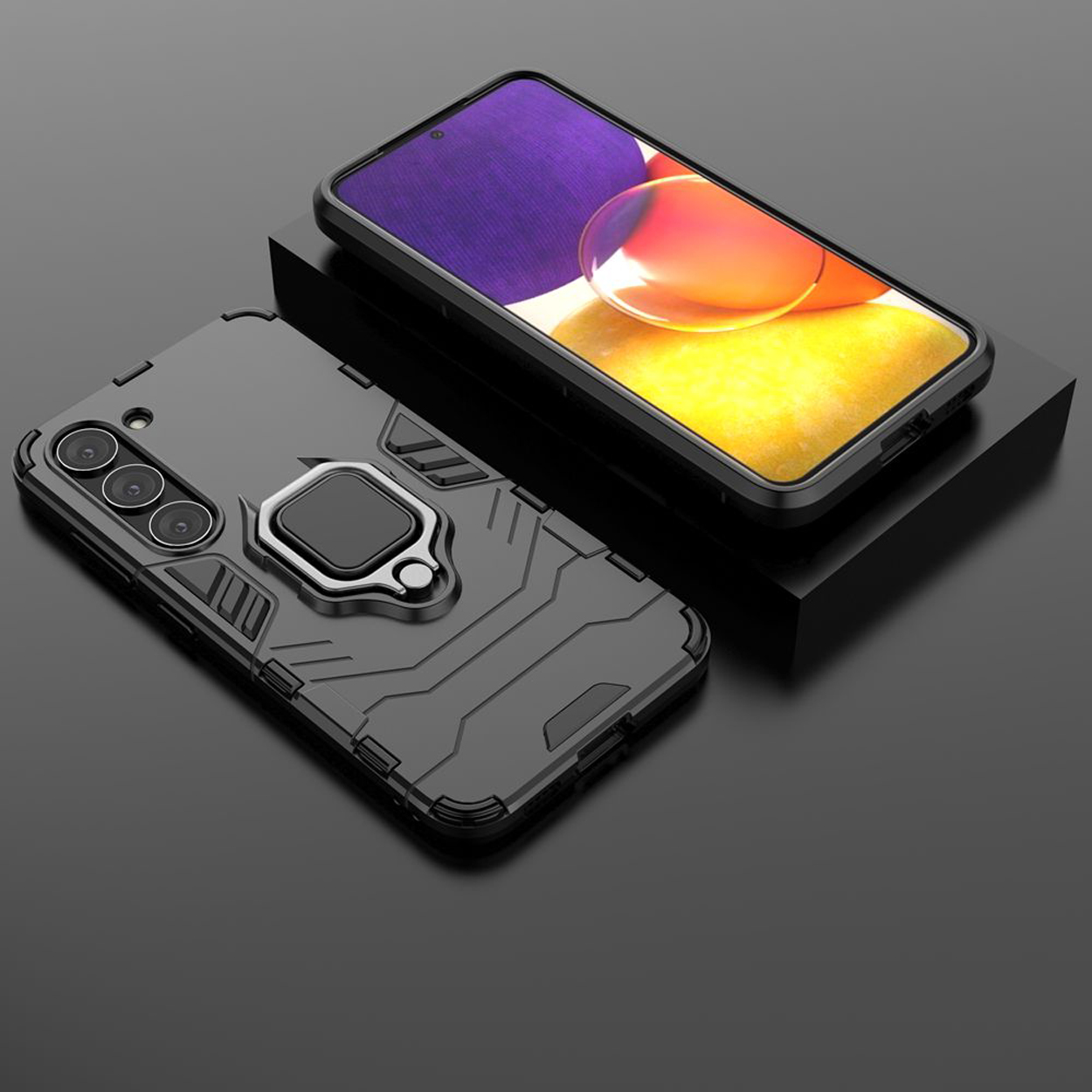 Coque de téléphone noire avec un téléphone. La coque a un support d'anneau et un design texturé.