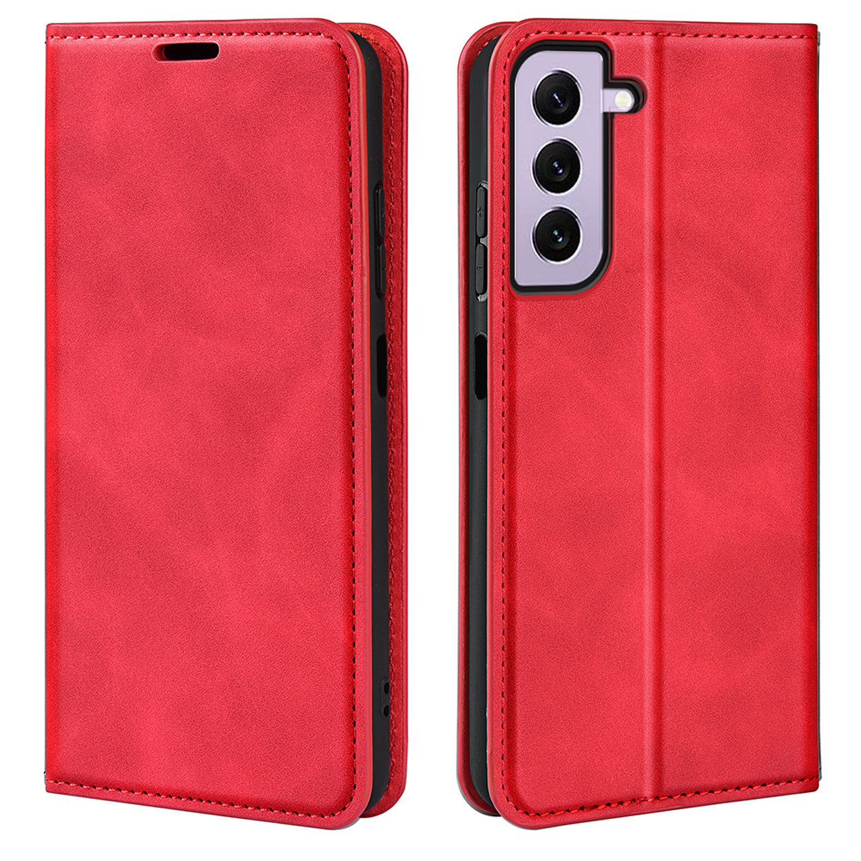 Rode leren telefoonhoes, open en dicht. Toont camera en hoesdetails.