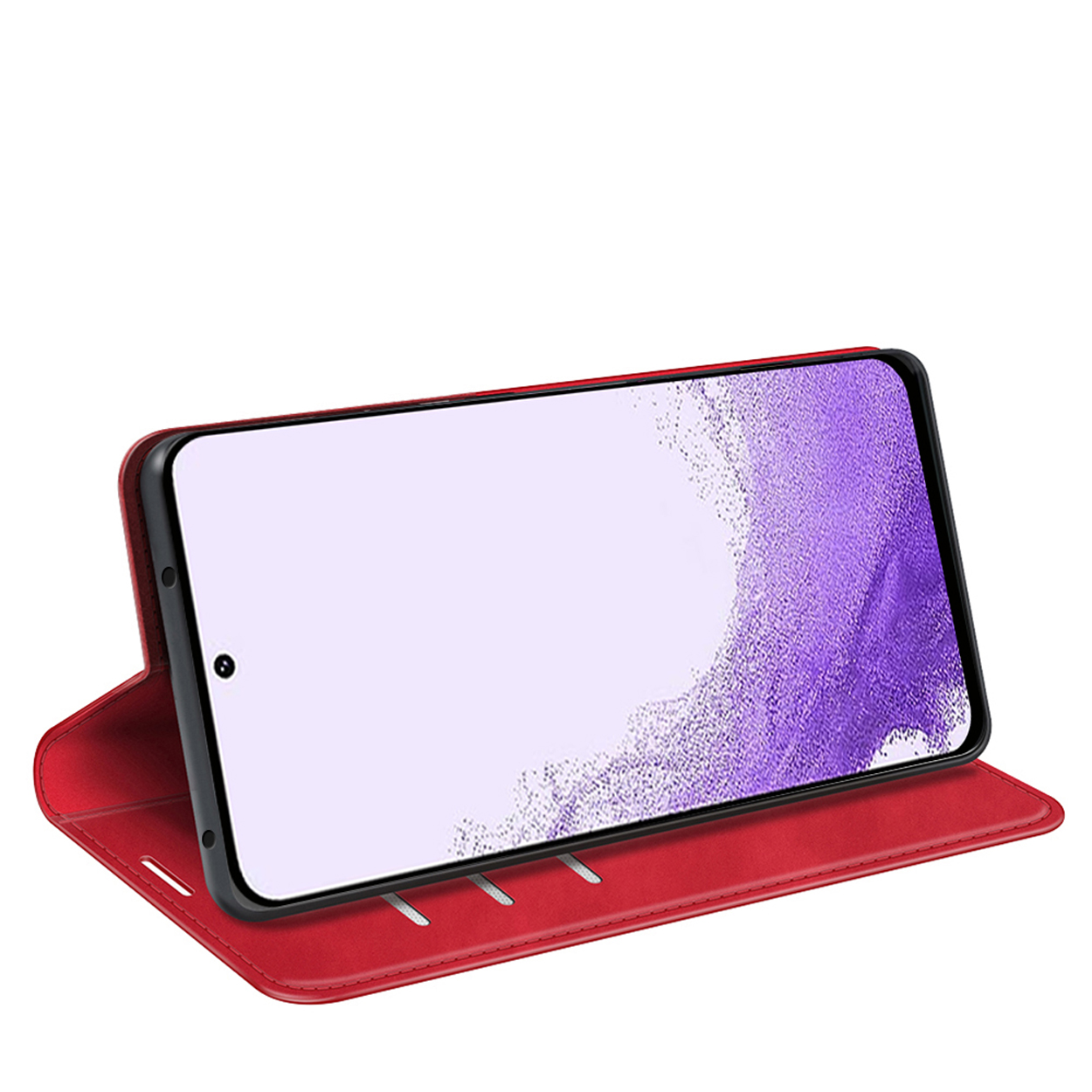 Rode telefoonhoes open. Telefoon toont paars scherm. Hoes is leerachtig. Witte achtergrond.