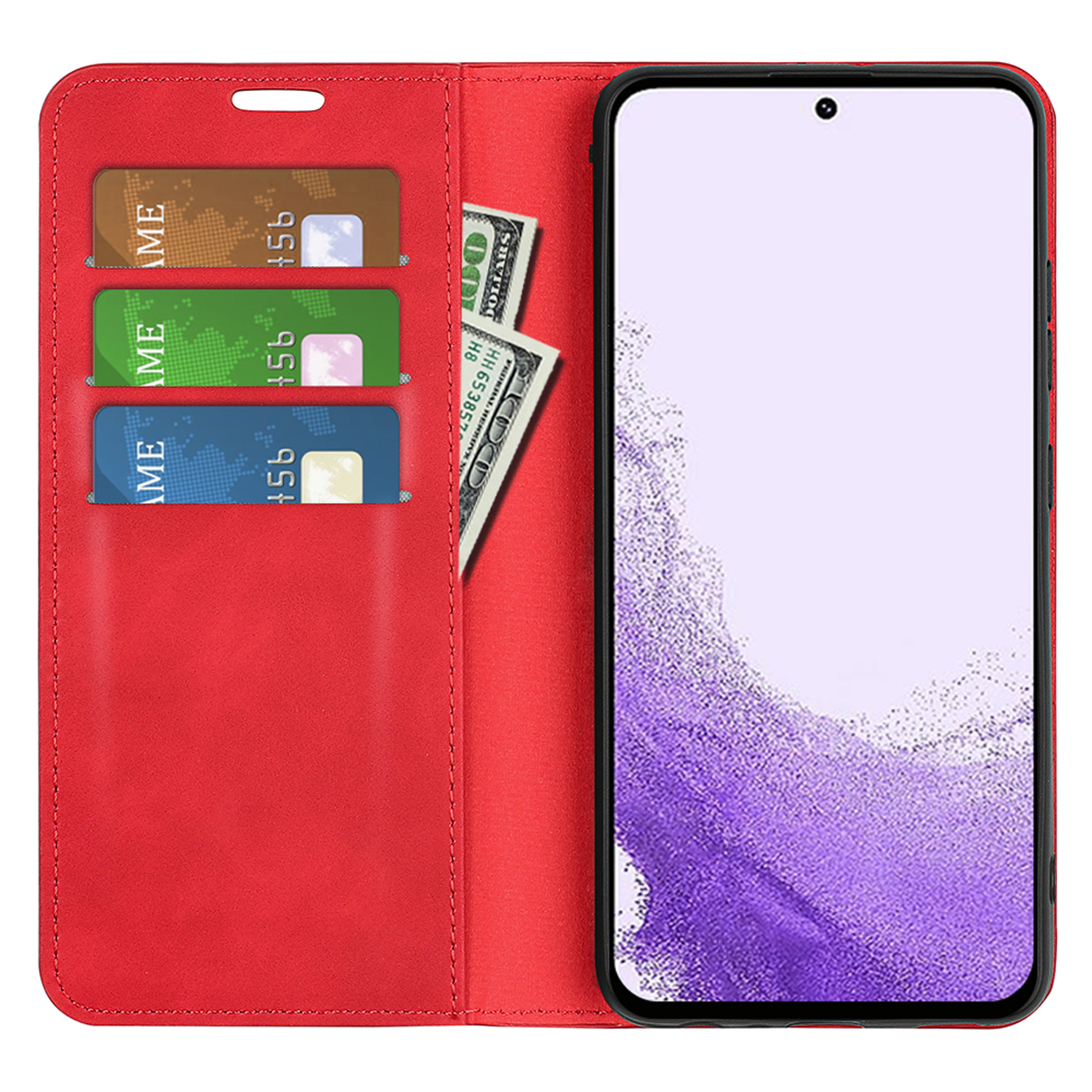 Rode telefoonhoes met telefoon erin. Hoes heeft kaartsleuven met kaarten en contant geld. Telefoon heeft een wit scherm.