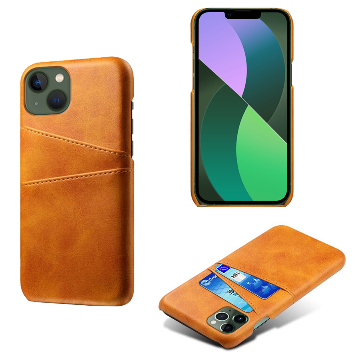 Bruine telefoonhoes met een telefoon erin en een kaartzakje. De telefoon toont een kleurrijke afbeelding.