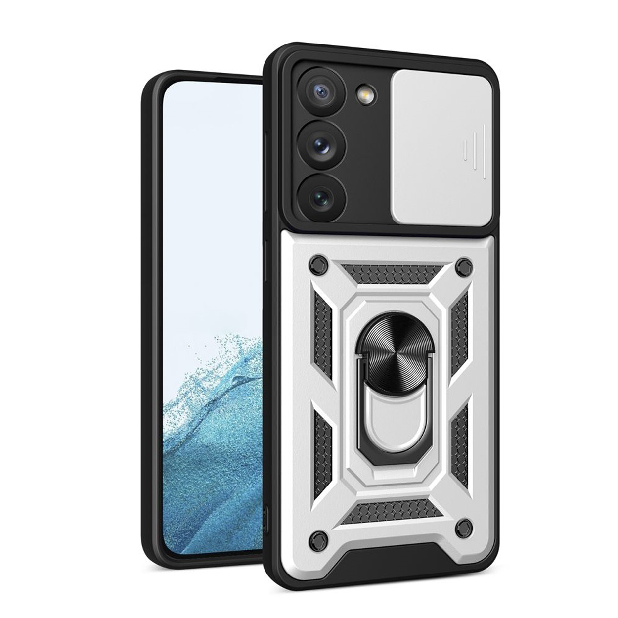Witte en zilveren telefoonhoes met camera-uitsparingen en een ringhouder. Telefoon zit erin.
