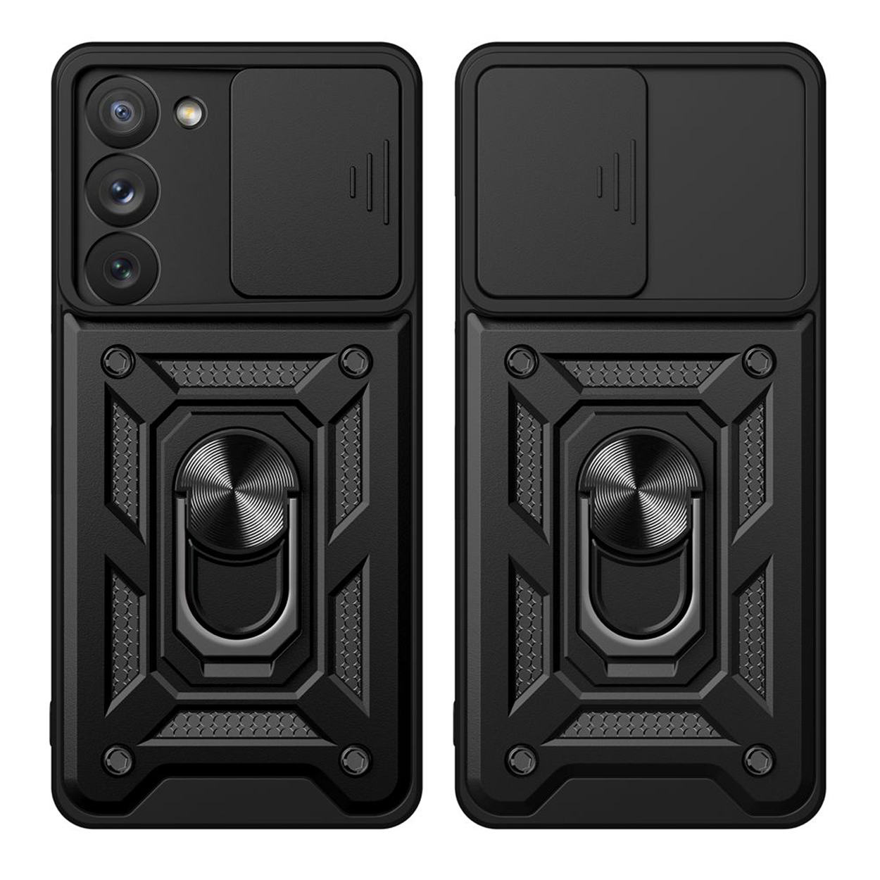 Zwarte telefoonhoes met cameralensafdekking en ringhouder, een zwarte telefoon erin.