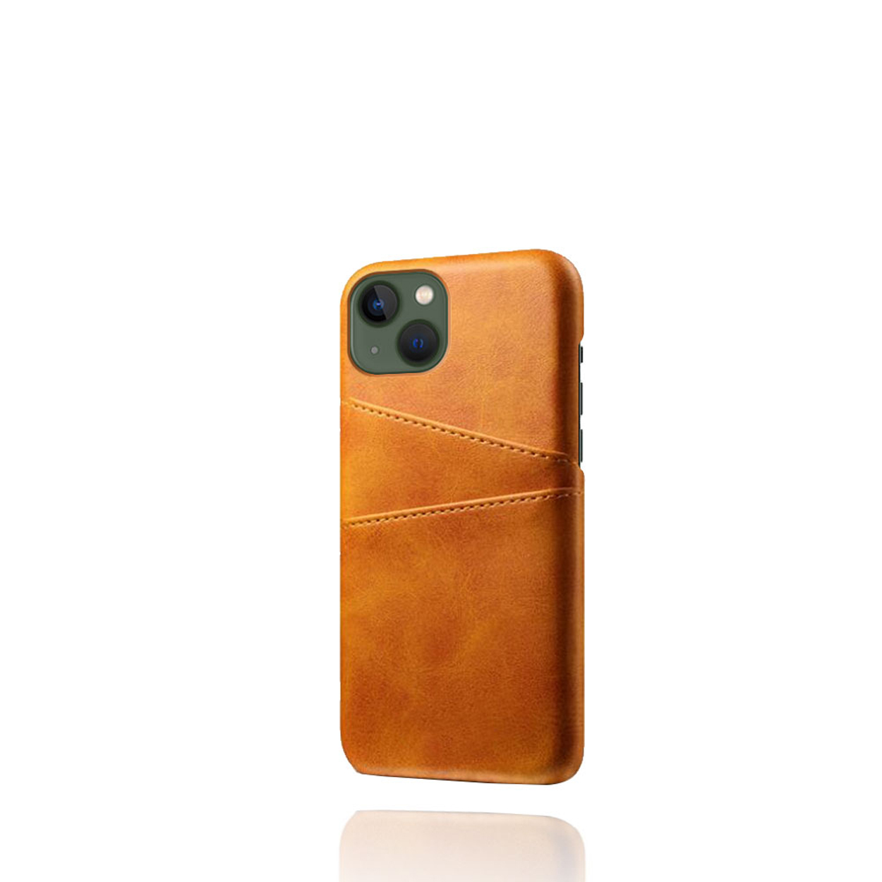 Oranje leren telefoonhoesje met een camera-uitsparing. De hoes heeft een kaartsleuf aan de achterkant.