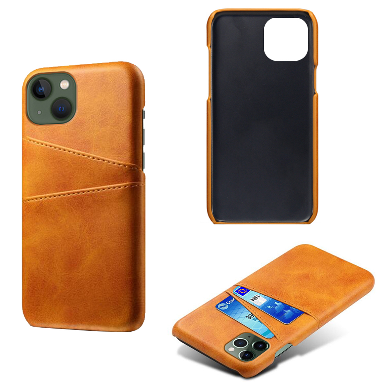 Bruin lederen telefoonhoesje met kaartsleuven, open hoes. Telefoon met groene camera. Witte achtergrond.