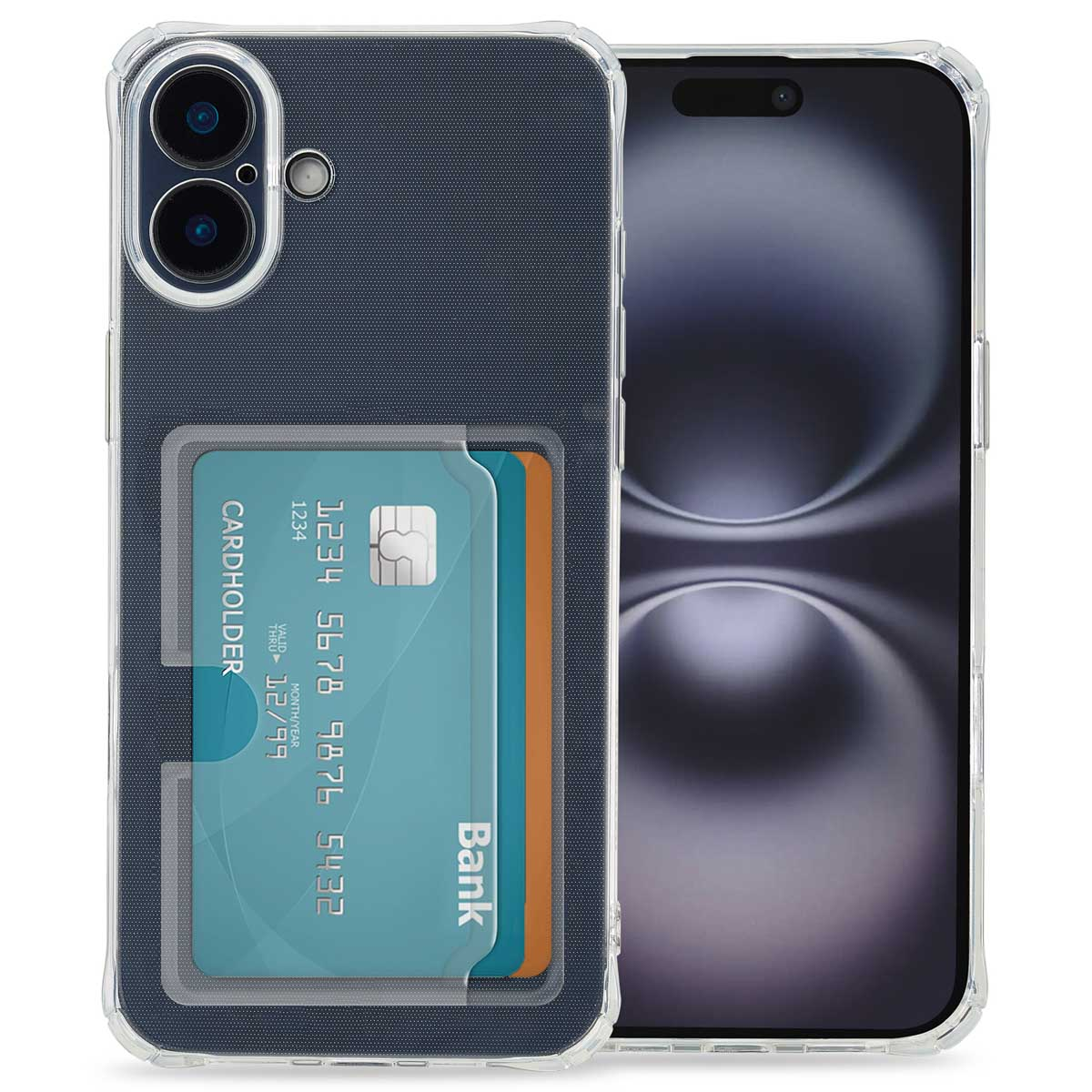 Coque de téléphone avec porte-cartes. La coque est bleue avec deux cartes dans la fente.