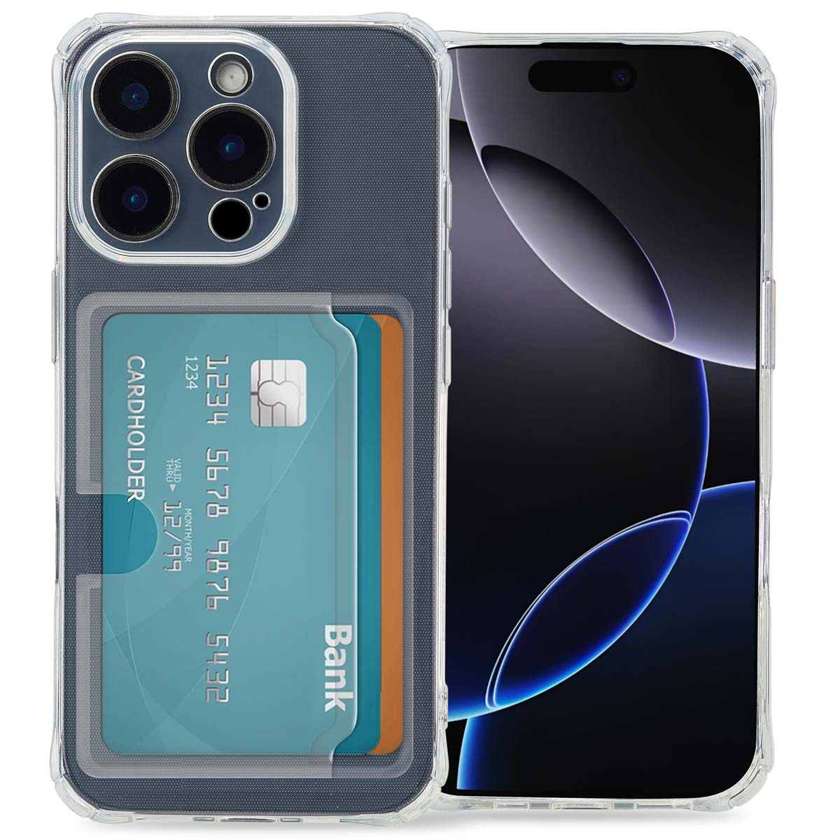 Transparante telefoonhoes met creditcards erin en een telefoon. Transparante hoes, donkere achtergrond.