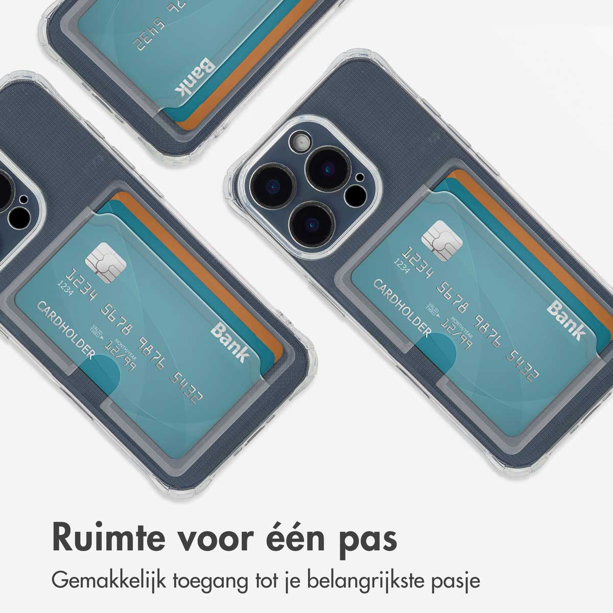 Telefoonhoesjes met creditcardvakjes. De tekst zegt 'Ruimte voor één pas' en 'Gemakkelijke toegang tot je belangrijkste pas'.