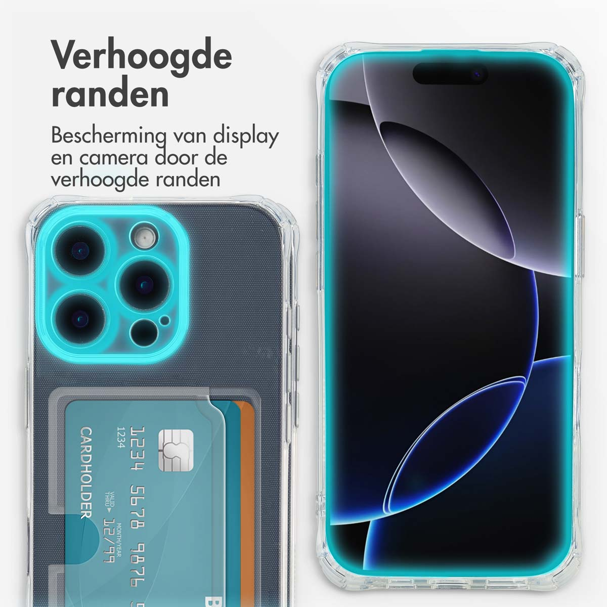 Twee telefoons met hoesjes. Eén heeft een kaarthouder. Tekst: 'Verhoogde randen'. De andere heeft een donker scherm.