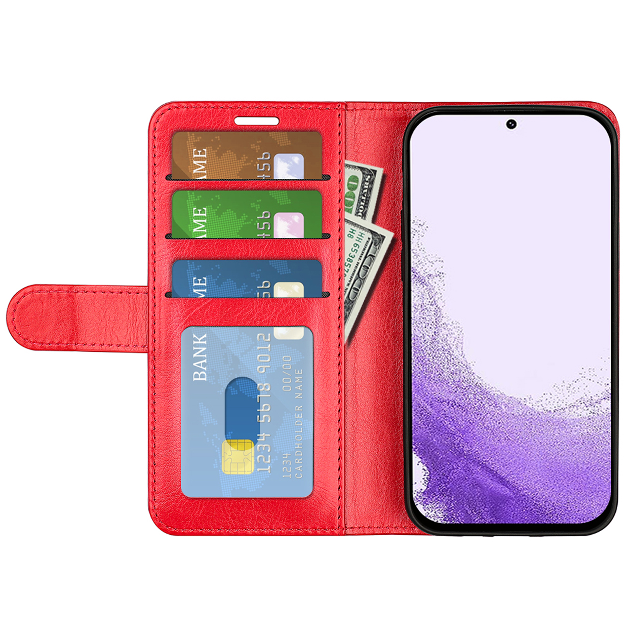 Rode telefoonhoes met telefoon erin. Hoes heeft kaartsleuven met kaarten en contant geld. Telefoon heeft een paars scherm.