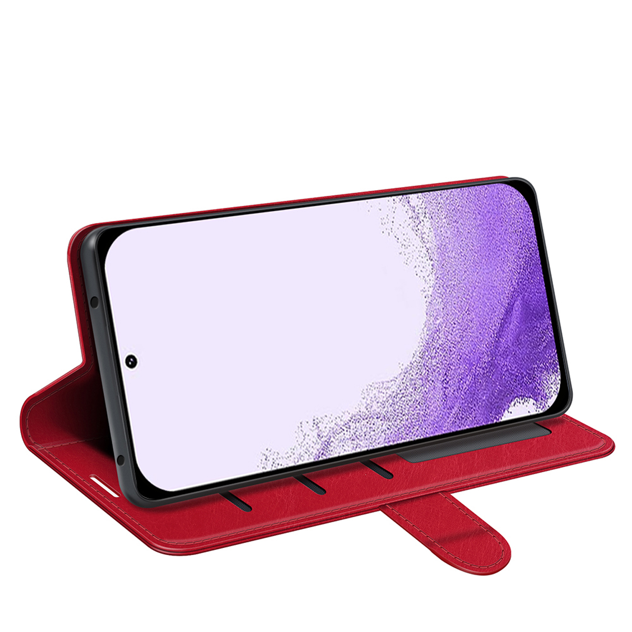 Rode telefoonhoes, met de telefoon erin, onder een hoek. Hoes heeft standaard. Telefoon is paars.