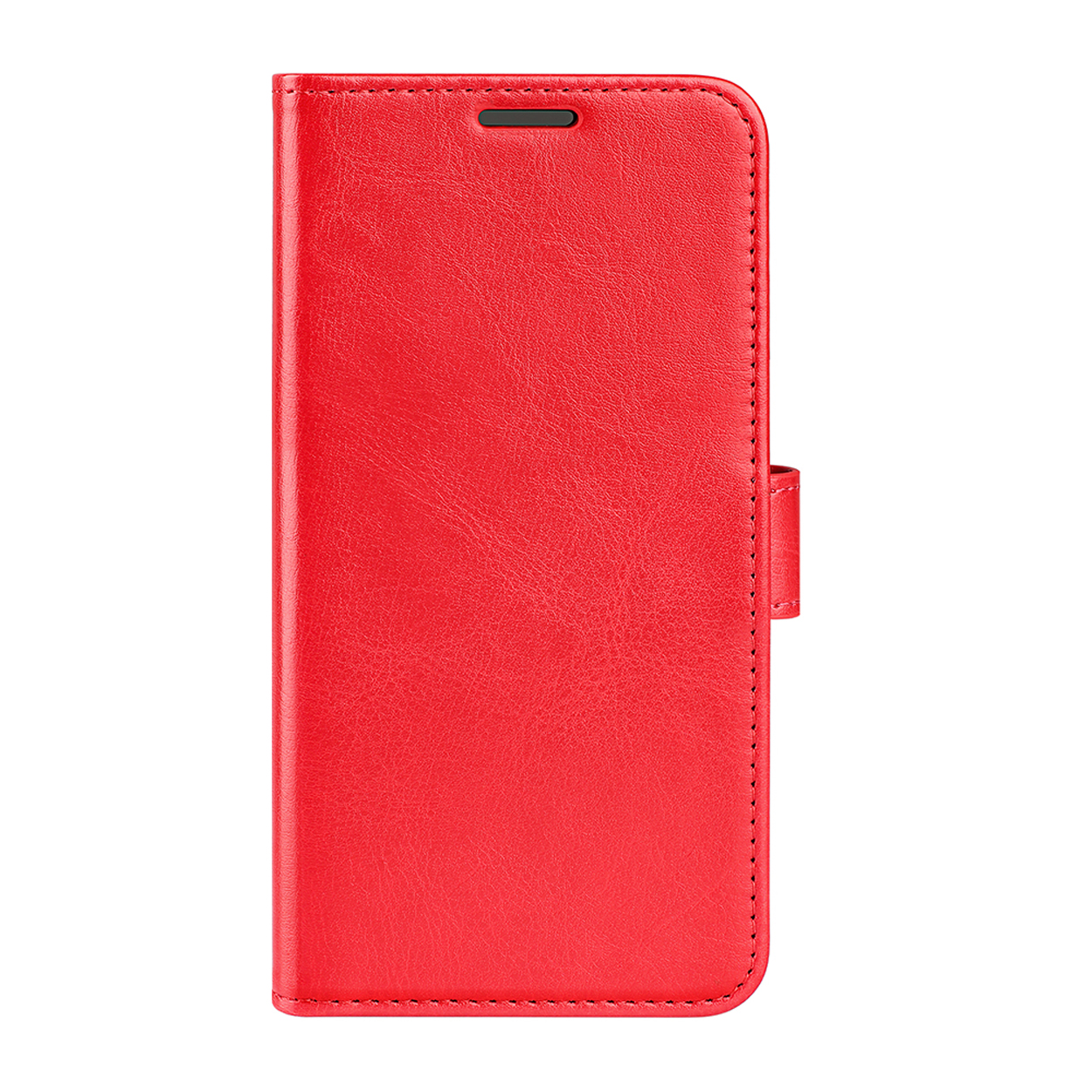 Rode telefoonhoes. De hoes is effen rood, met een magnetische sluitflap en stiksels.