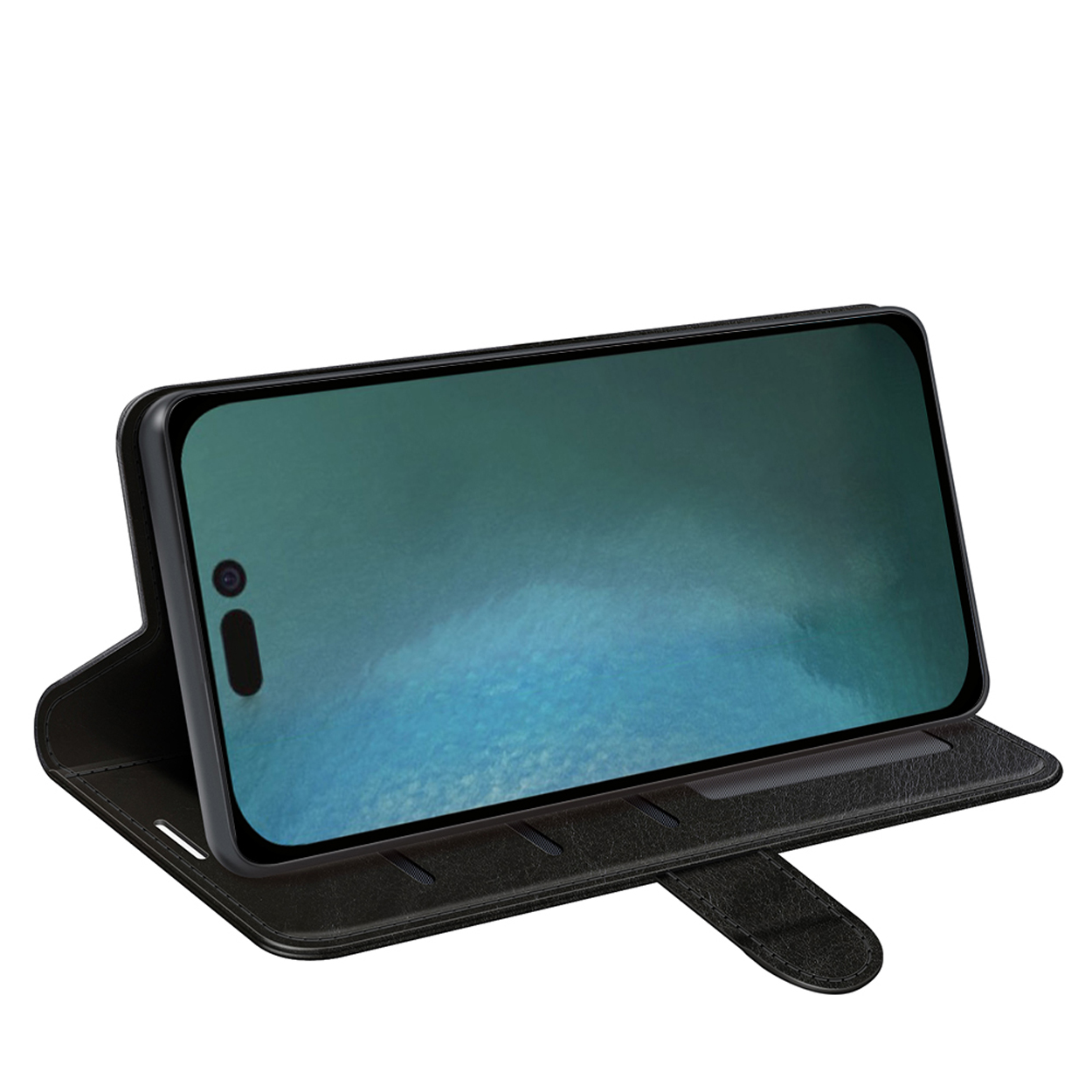 Zwarte telefoonhoes, telefoonscherm open. Zwarte hoes, zwarte telefoon, witte achtergrond.