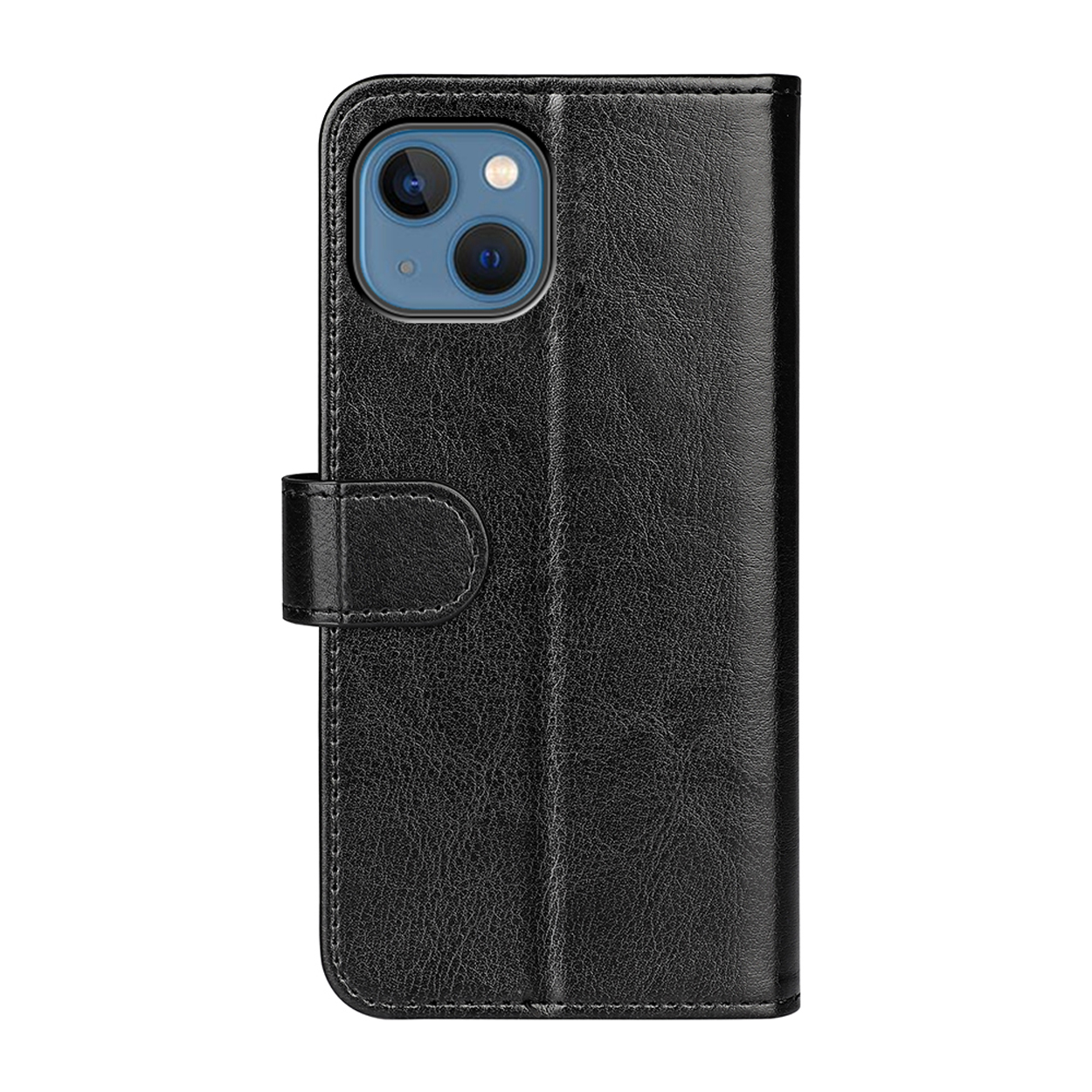 Gesloten zwarte leren telefoonhoes. De hoes is gesloten en heeft een magnetische sluiting. Camera zichtbaar.
