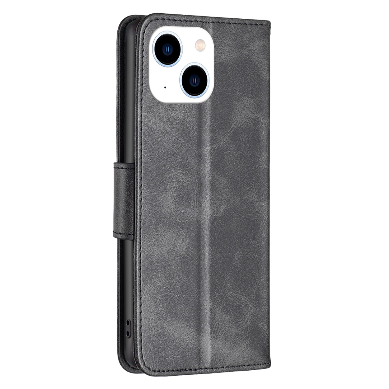 Gesloten grijze telefoonhoes, verticale weergave. Toont de camera van de telefoon en een magnetische sluiting.