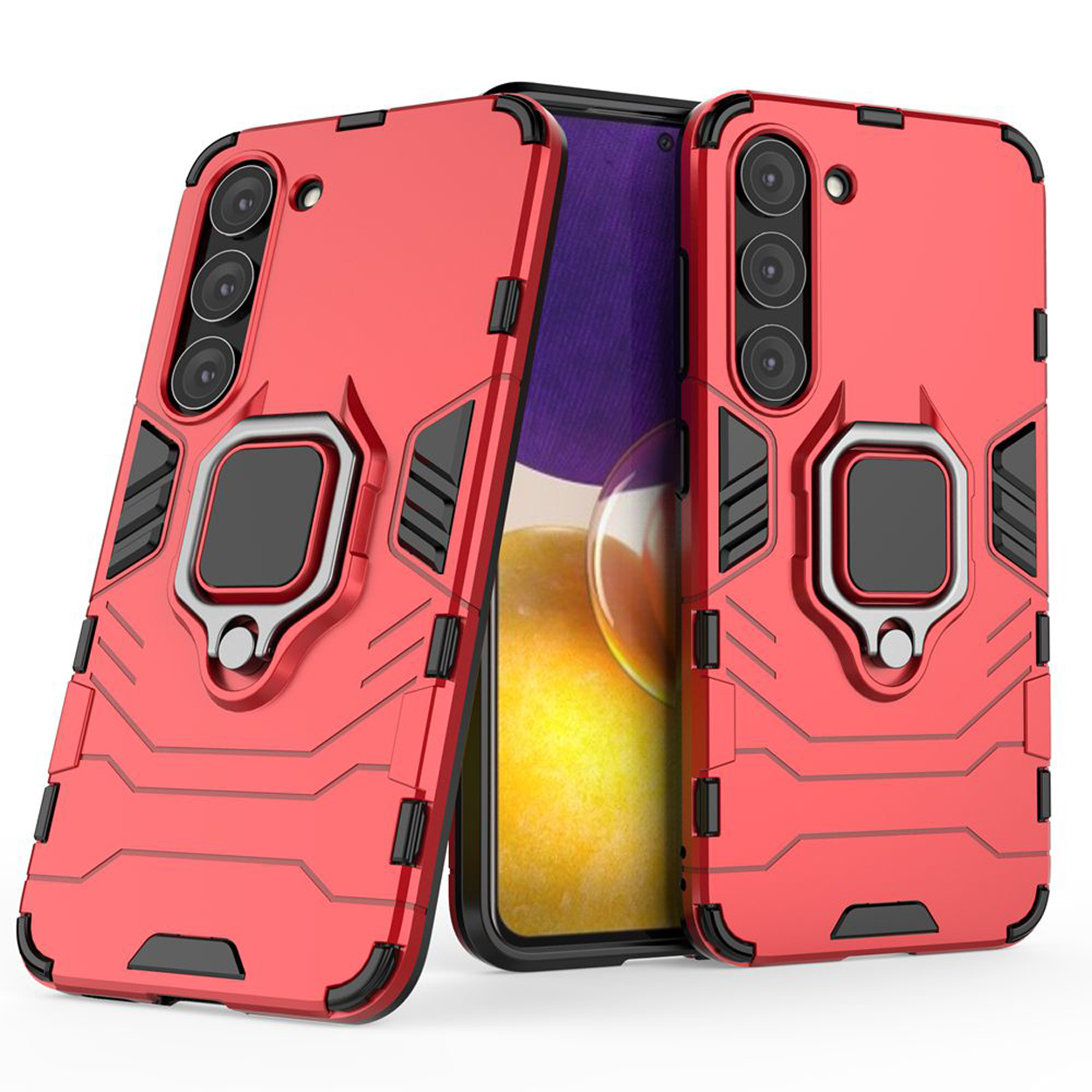 Rode telefoonhoesjes met een ring. De telefoon zit in de hoes.