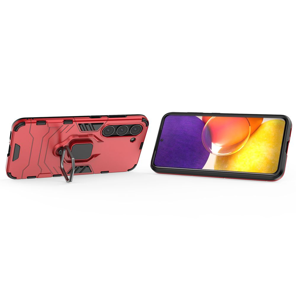 Rode telefoonhoes met een telefoon erin en een ringhouder. Een andere telefoon staat ernaast.