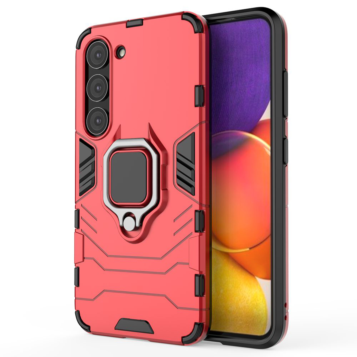 Rode telefoonhoes met zwarte accenten en ringhouder. Telefoon deels rechts zichtbaar.