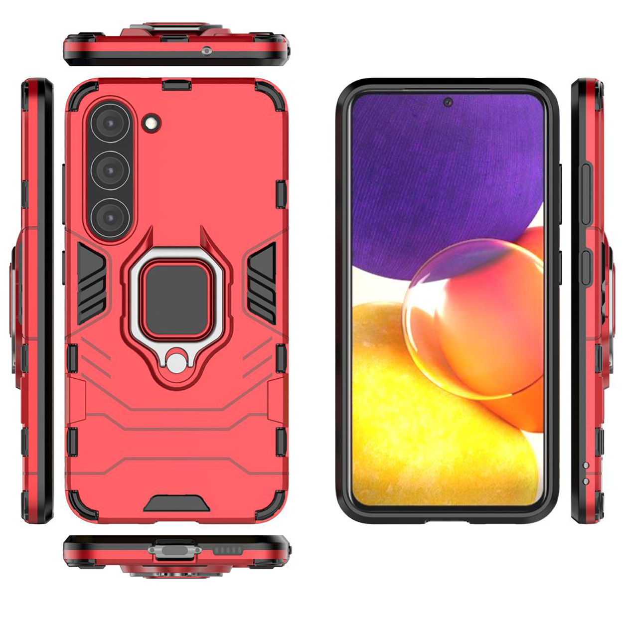 Rode telefoonhoes met een ringhouder en een camerahoes. De hoes zit aan de rechterkant.