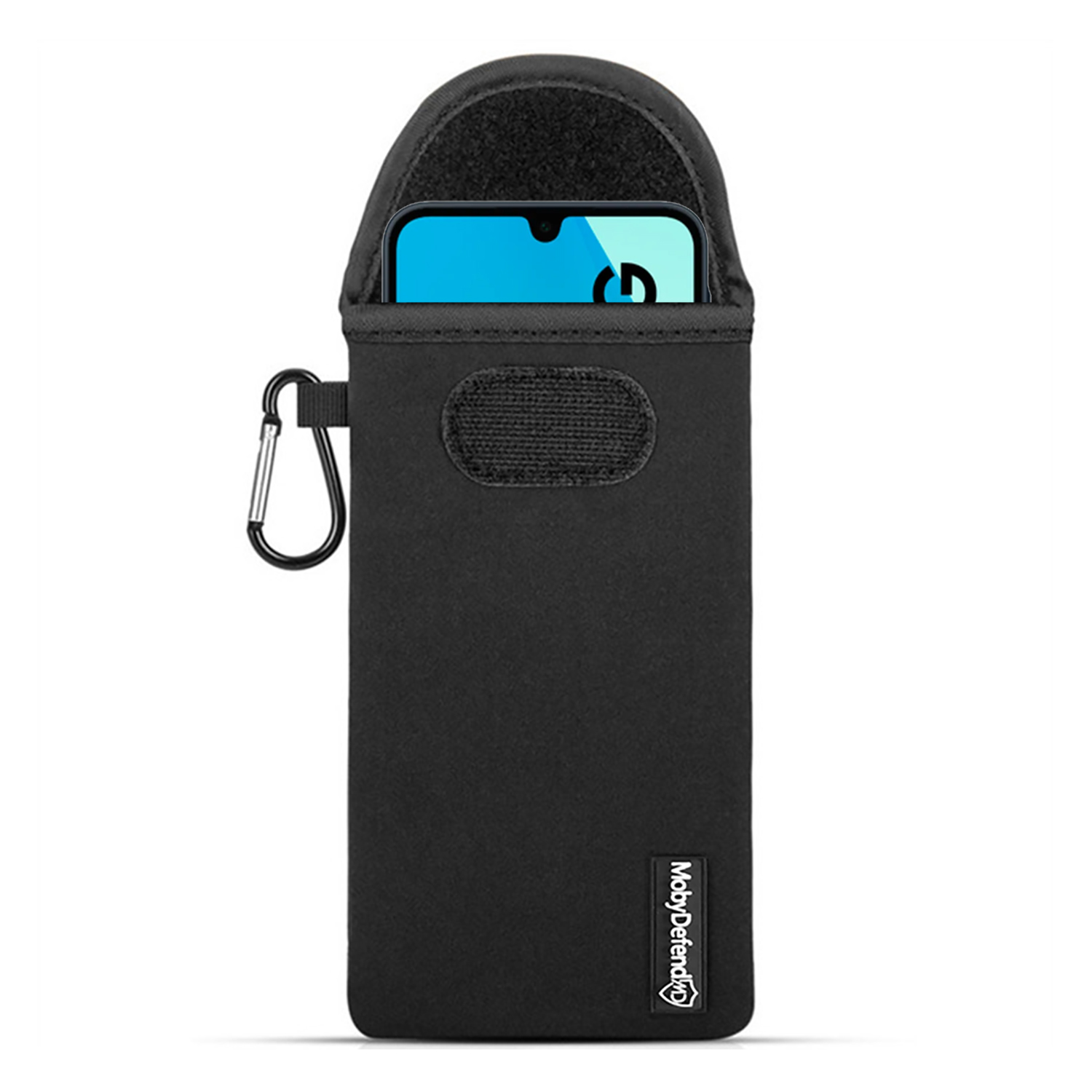 Étui de téléphone noir avec un téléphone à l'intérieur, avec mousqueton. Le fond est blanc.