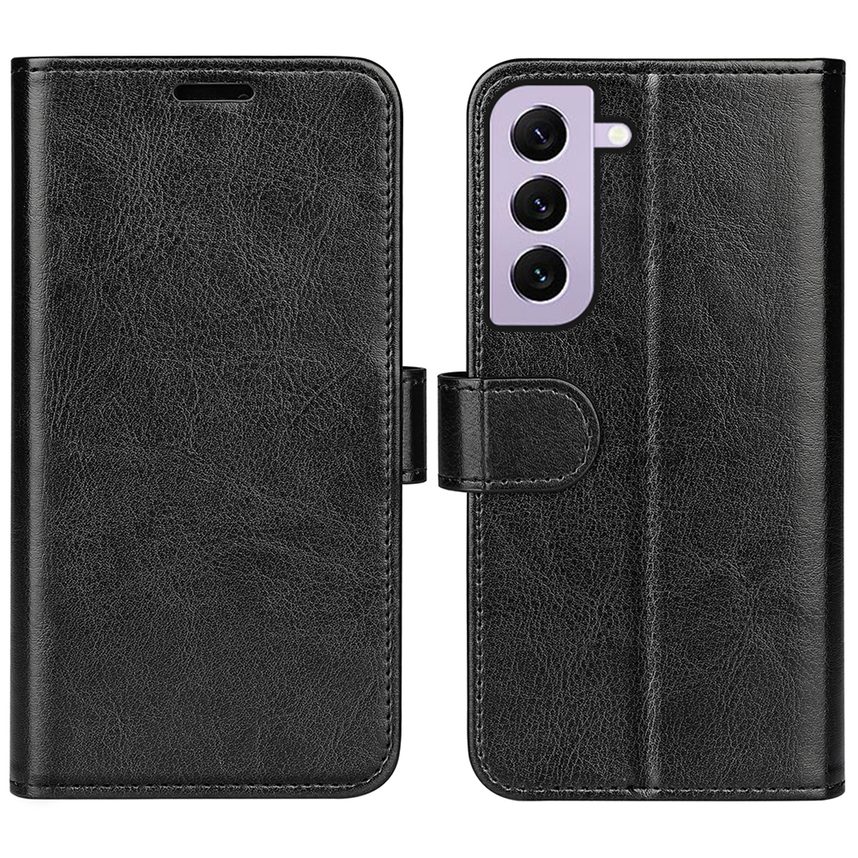 Étui de téléphone en cuir noir, ouvert et fermé. Montre la caméra et les détails.