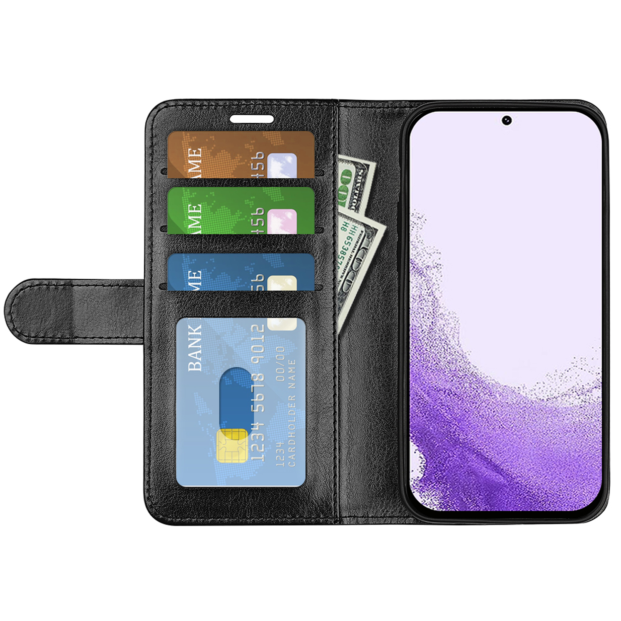 Étui portefeuille noir avec cartes et téléphone. Il y a de l'argent dans le portefeuille. L'écran est visible.
