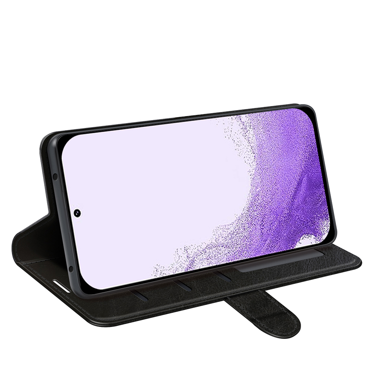 Téléphone noir dans un étui en cuir noir. Le téléphone est incliné dans l'étui.