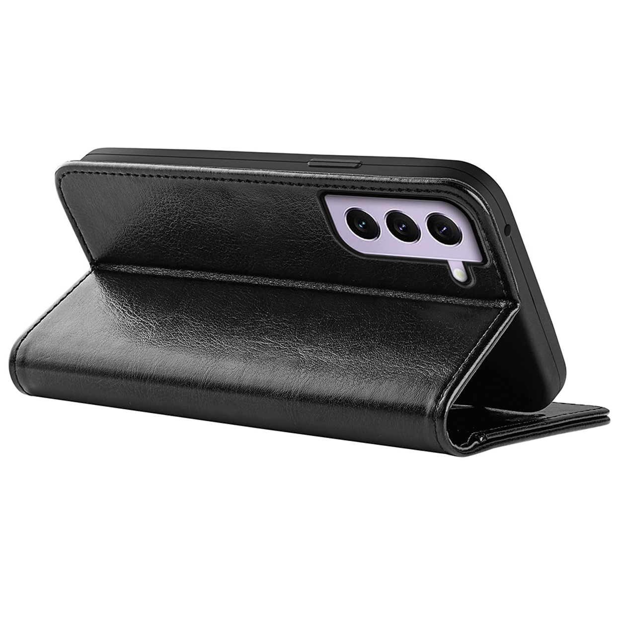 Étui de téléphone en cuir noir, ouvert, téléphone incliné. L'étui est un support. Le téléphone possède des caméras.
