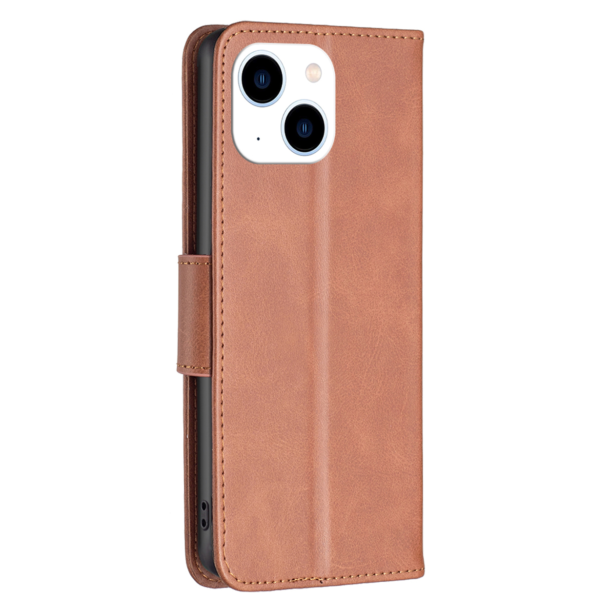 Een bruine telefoonhoes open, de telefoon aan de rechterkant tonend met een magnetische sluiting.