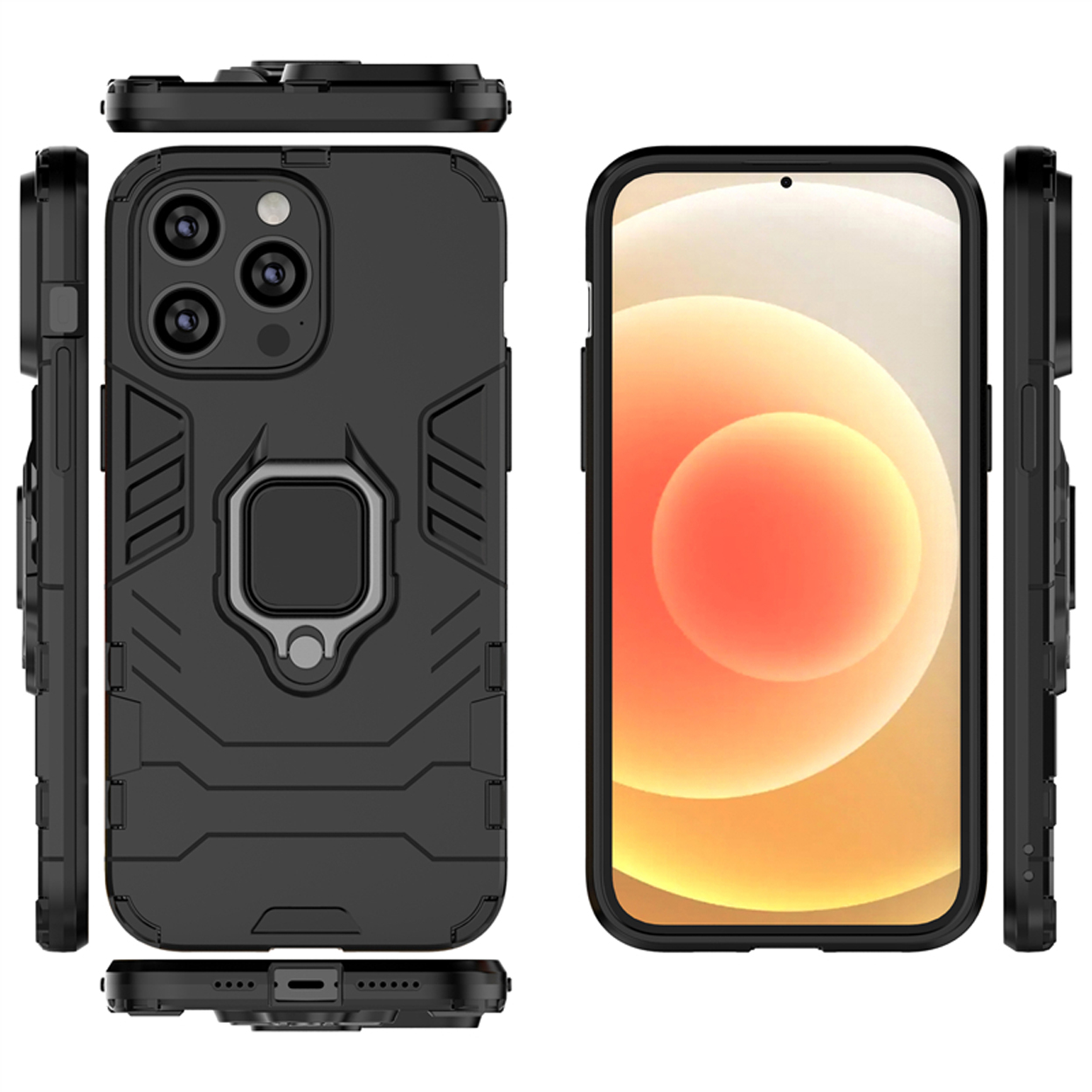 Zwarte telefoonhoes met een ringhouder. De telefoon wordt vanuit meerdere hoeken getoond. Met ringhouder.