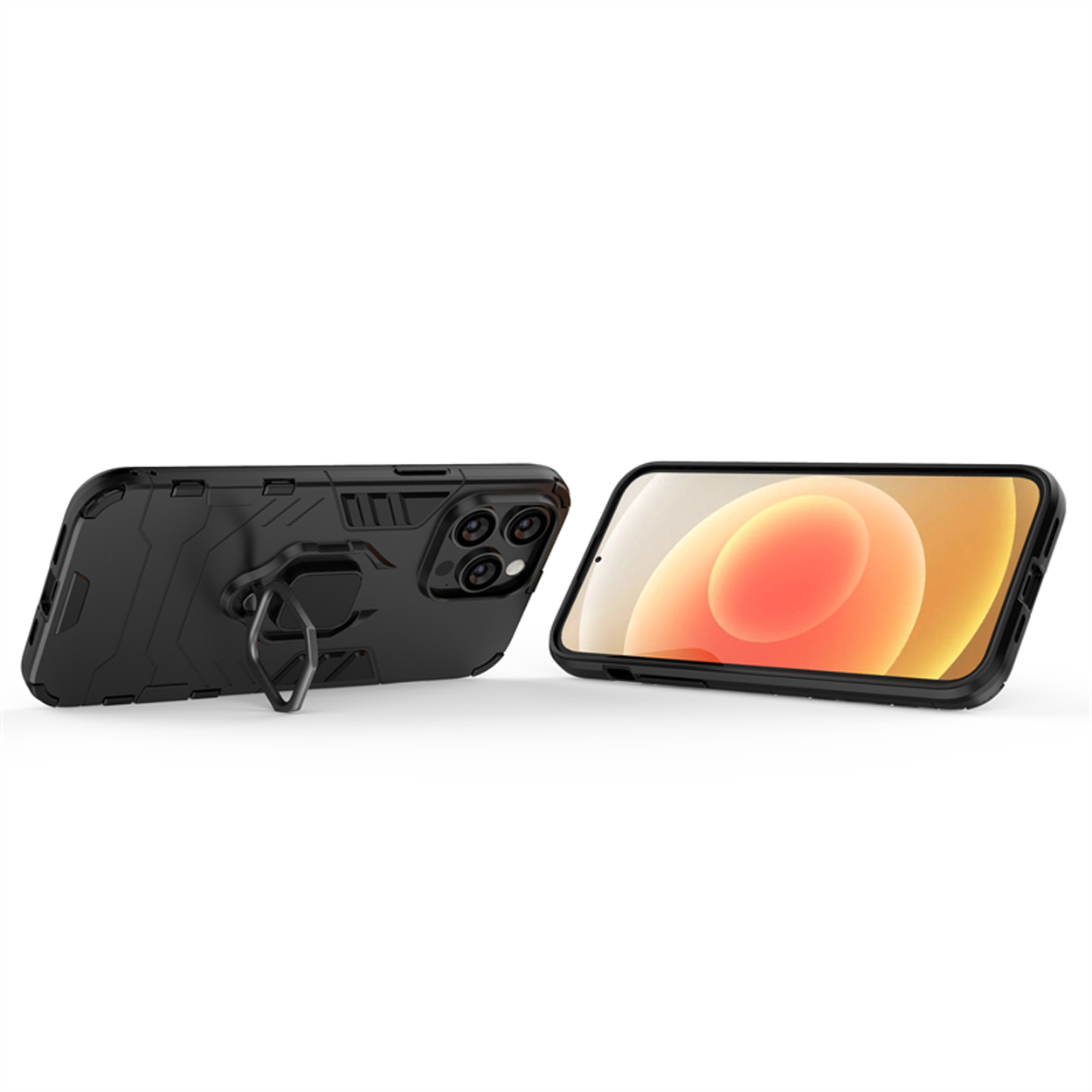 Zwarte telefoonhoes met een ringhouder. De telefoon is een moderne smartphone.