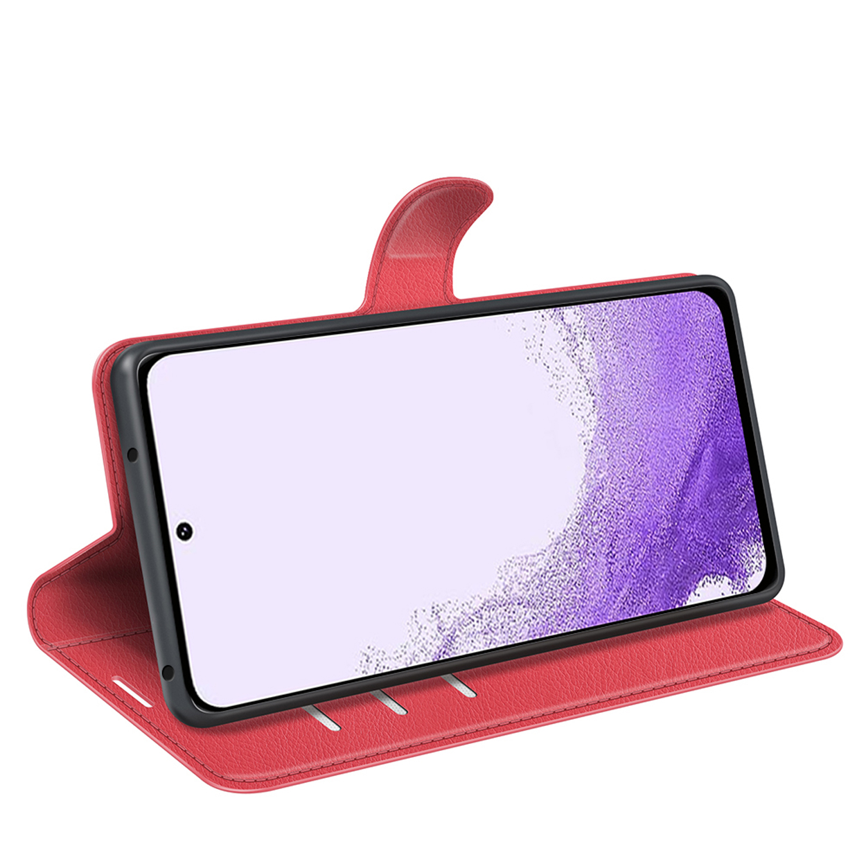 Coque de téléphone rouge, téléphone sur étui ouvert. Coque de téléphone rouge, t éléphone. Fond blanc.