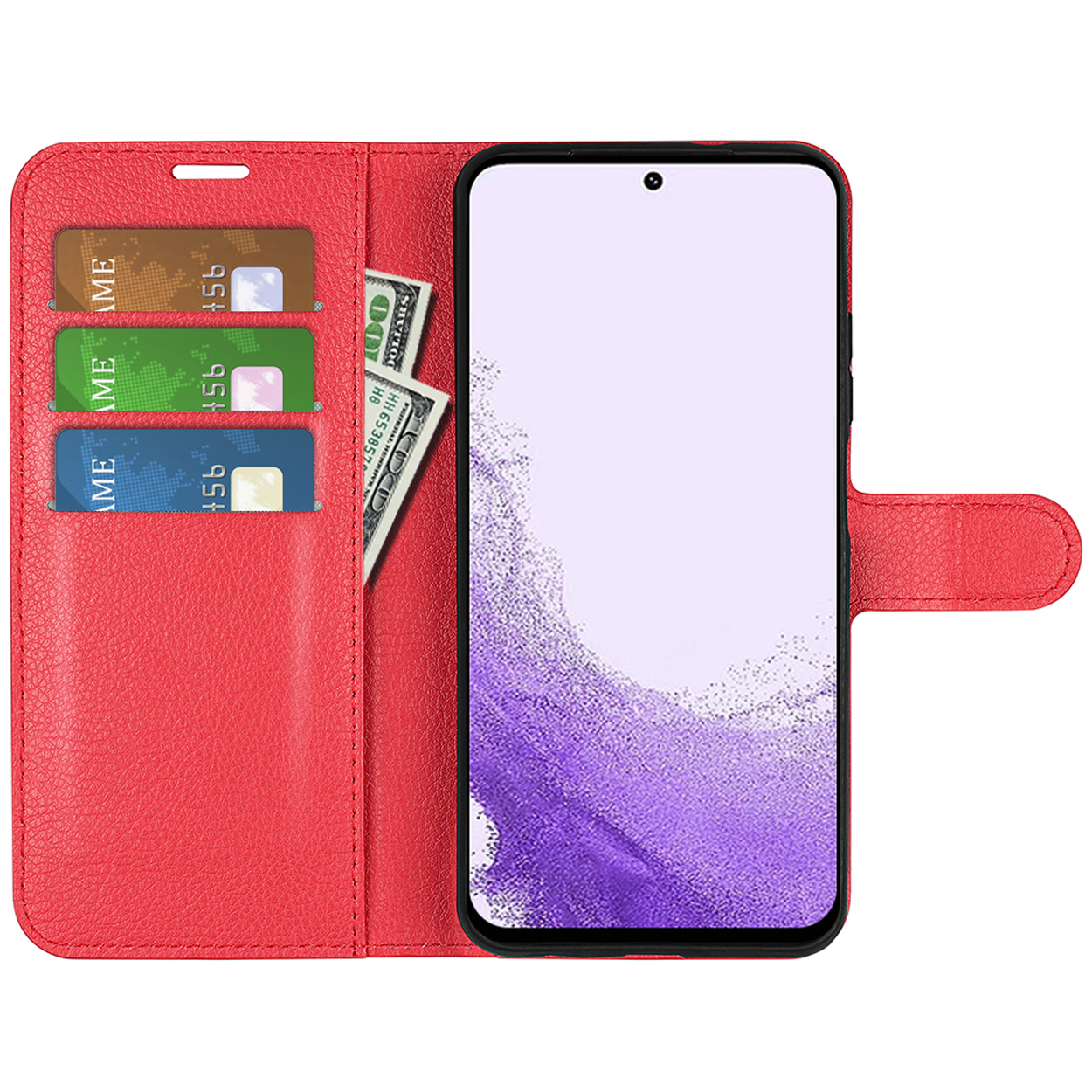 Étui de téléphone en cuir rouge, ouvert, avec cartes, argent et téléphone. Le téléphone est blanc avec bord noir.
