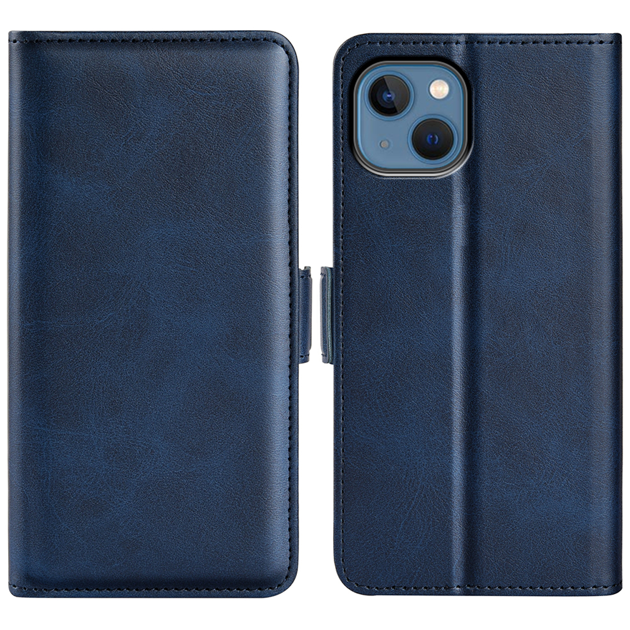 Blauwe leren telefoonhoes, open en dicht. Toont de telefoon en een sluiting.